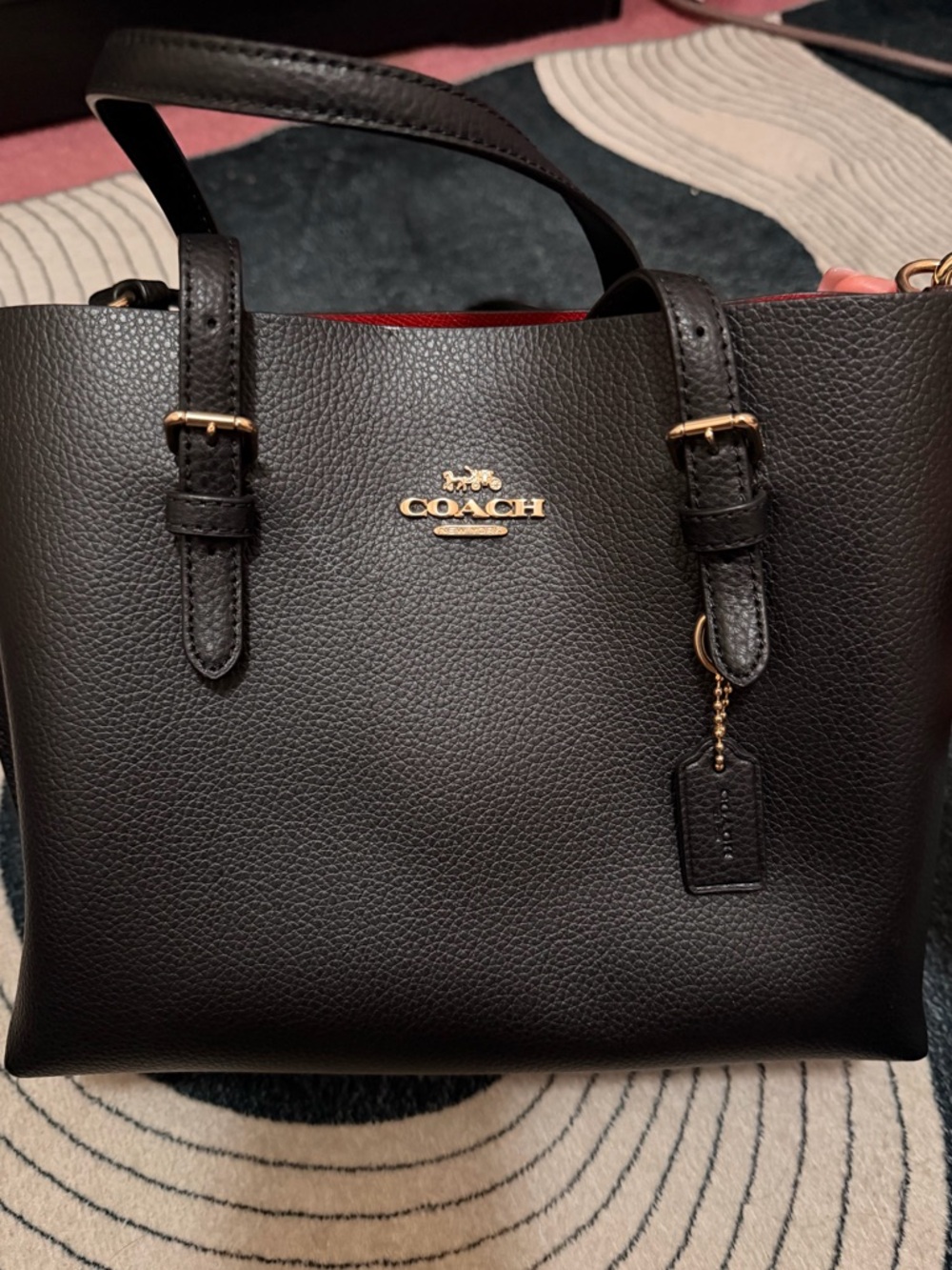 Coach Black Pebbled Leather Tote with Red Interior Peek